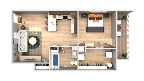 A top-down view of a living room, kitchen, and dining area.